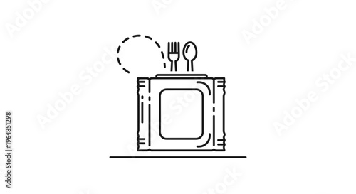 Modern minimalist line art icon depicting a ready-to-eat meal container with dining utensils