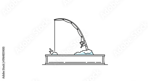 Minimalist line art illustration depicting a fishing rod with a line cast into a water basin