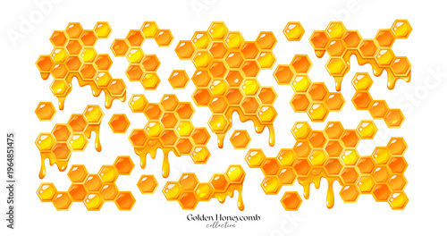 Golden Honeycomb Vector Set with Dripping Honey, Organic Beehive Cells Collection Isolated on White Background. Decorative Sweet Food or High-End Cosmetic Packaging Design Elements Set.