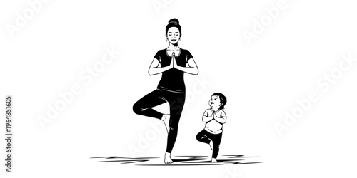 Mother practicing yoga with her toddler.
