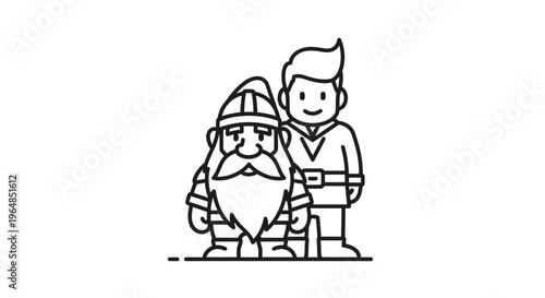 Charming monochromatic line art illustration of a sturdy bearded dwarf and his youthful companion