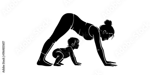 Mother practicing yoga with her toddler.
