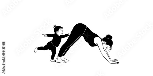 Mother practicing yoga with her toddler.

