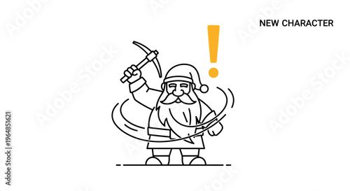Jovial bearded character illustration holding a pickaxe with an exclamation mark