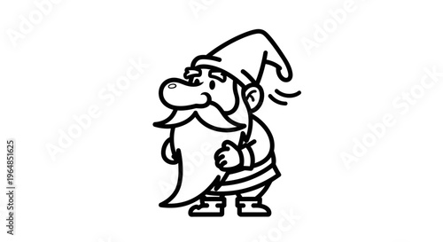 Charming cartoon gnome character with a long beard and whimsical hat in a cheerful line art