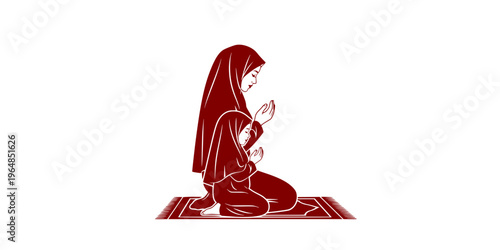 Mother and child praying together on a prayer mat illustration.
