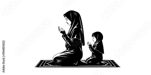 Mother and child praying together on a prayer mat illustration.
