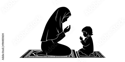 Mother and child praying together on a prayer mat illustration.
