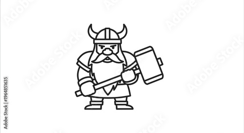 Charming Line Art Illustration of a Fierce Dwarf Character Holding a Mighty Hammer Ready for