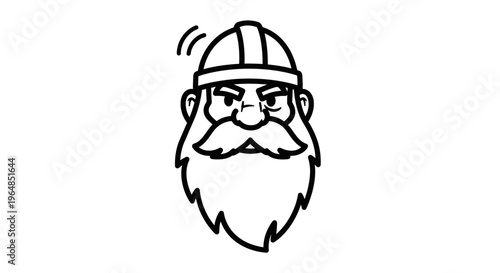 Bold black and white line art illustration of a stern bearded warrior wearing a simple helmet design