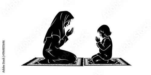 Mother and child praying together on a prayer mat illustration.
