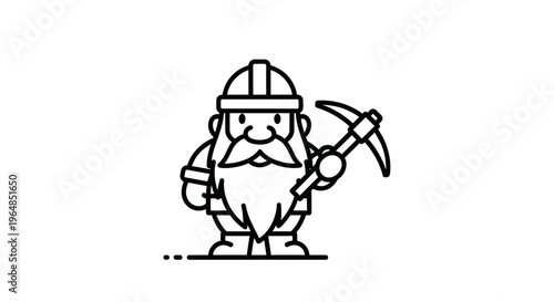Charming bearded miner character with hard hat and pickaxe ready for excavation work