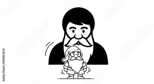 Whimsical black and white vector illustration depicting a big bearded man watching a small gnome