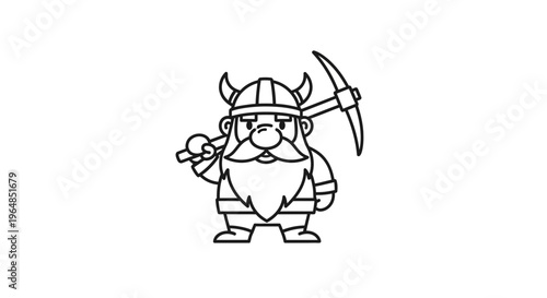 A sturdy cartoon dwarf character with a horned helmet holding a miner's pickaxe illustration