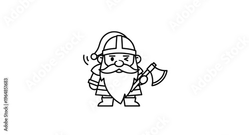 Delightful line art illustration of a cheerful bearded character holding an axe and winking