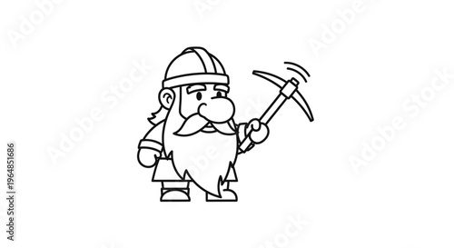 Charming cartoon miner character with a long beard and hardhat, holding a pickaxe illustration