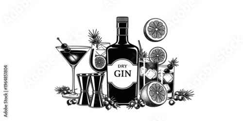 Dry gin bottle, cocktails, juniper berries, jigger and lemon engraving vector illustration
