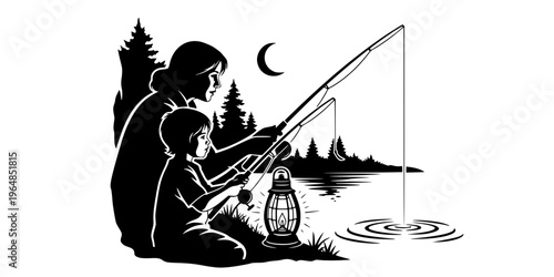 Woman and child fishing together outdoors with a lamp.

