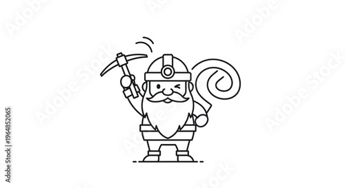 Whimsical line art illustration of a cheerful bearded miner with a pickaxe and helmet winking