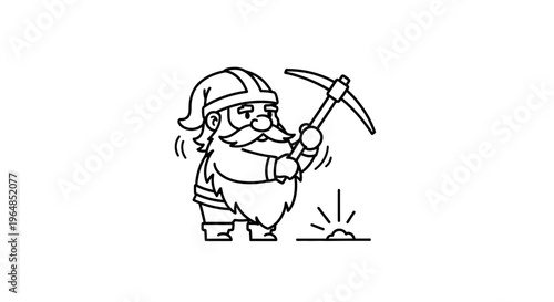 A diligent cartoon miner gnome with a pickaxe excavating a glowing resource in simple line art style