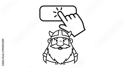 Cheerful bearded character in horned helmet looking at a clicking hand activating a digital button