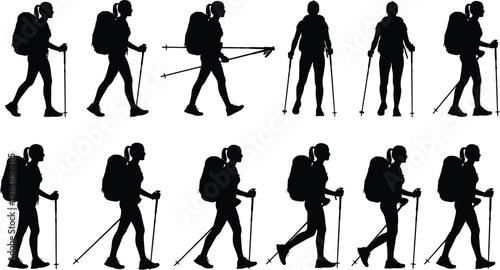 Hiking woman silhouette set, trekker with backpack and walking poles, mountain climbing adventure, cad drawing flat vector illustration, flavector, outdoors