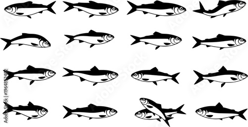 Set of Minimalist black sardine seafood silhouette 
