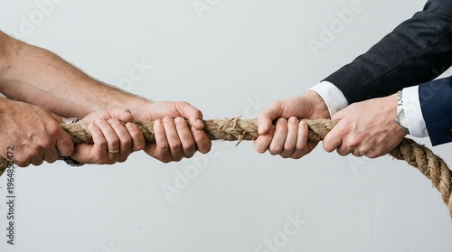 Close up of business people in formal wear competing in tug of war game showing teamwork and effort