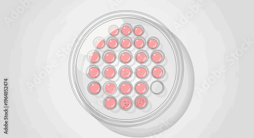 Petri dish with pink circular biological samples.