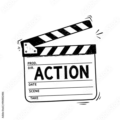 Black And White Hand Drawn Movie Clapperboard Icon Isolated On White