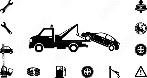 simple tow truck towing broken down car silhouette side view icon symbol