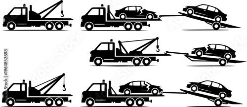 simple tow truck towing broken down car silhouette side view icon symbol