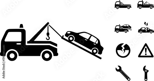 simple tow truck towing broken down car silhouette side view icon symbol