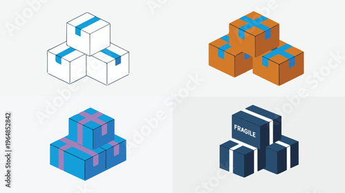Four stacks of isometric boxes with tape and labels packages shipping