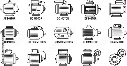 Electric Motors & Drives Outline Icon Set. AC, DC, Stepper, Servo Motors, Gearmotor. Industrial, Engineering, & Automation Technology