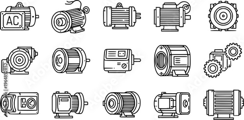 Electric Motors & Drives Outline Icon Set. AC, DC, Stepper, Servo Motors, Gearmotor. Industrial, Engineering, & Automation Technology