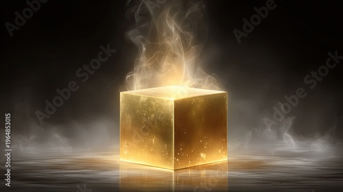 Glowing Golden Cube Surrounded by Mystical Steam and Soft Light in an Enigmatic Setting