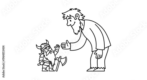 An illustrative moment of interaction between a tall man and a small dwarf warrior figure