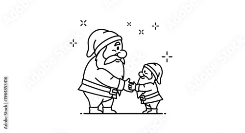 A delightful line art illustration featuring two friendly bearded gnomes sharing a warm handshake