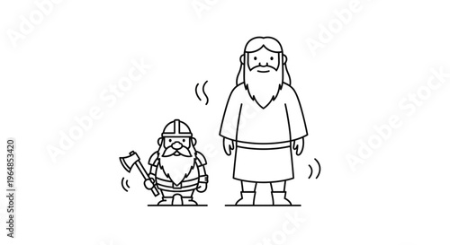 Minimalist black and white line art illustration featuring a sturdy dwarf warrior with an axe and