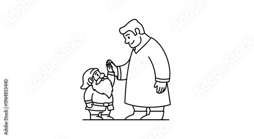 Gentle gesture between distinct figures showcasing varied statures and benevolent connection