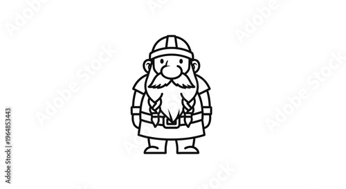 A charming black and white cartoon illustration of a friendly dwarf character with a large beard