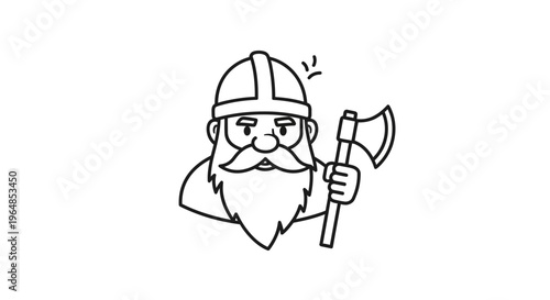 Black and white line art of a friendly bearded dwarf character wearing a helmet and holding an