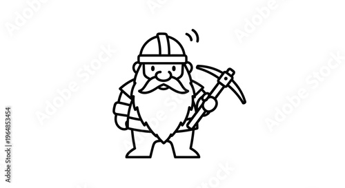 A cheerful cartoon miner character with a beard and helmet holds a trusty pickaxe ready for work