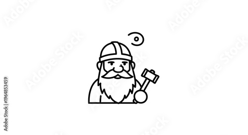 Minimalist line art illustration of a robust character with a beard, helmet, and hammer tool