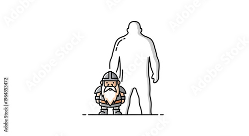 A charming cartoon dwarf stands resolutely beside a towering, ethereal giant outline, symbolizing