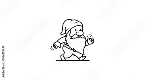A friendly cartoon gnome character with a long beard and pointy hat briskly walking a cheerful