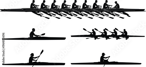 WebSilhouette illustration of rowing crew, kayakers, and water sports teams showcasing synchronized paddling, competitive racing, and recreational kayaking activities in dynamic black vector design
