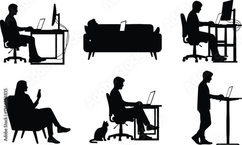 People working from home silhouette set, remote work office, freelance business employees, digital nomad lifestyle, cad drawing flat vector illustration