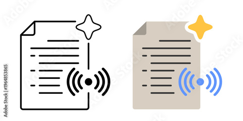 Document transcription symbol. Sheet with text lines, sound wave and small sparkle element. Audio to text conversion and meeting summary indicator. Simple geometric icon.